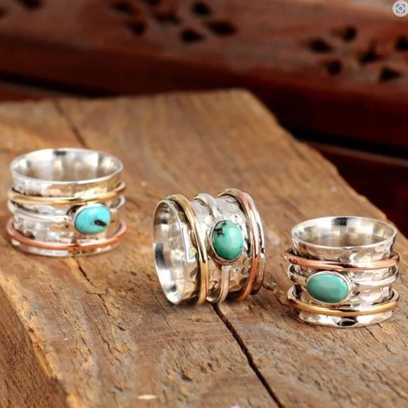 Handmade Hammered Oval Turquoise & Silver Mixed Metal Boho Wide Band Ring NEW - Picture 2 of 6